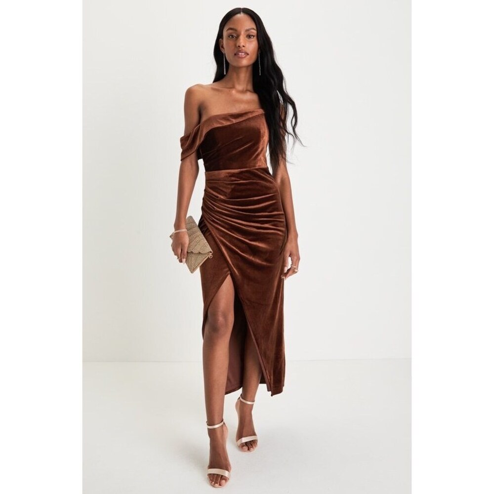 Lulus Showing Off A Little Brown Velvet Asymmetrical Tulip Midi Dress